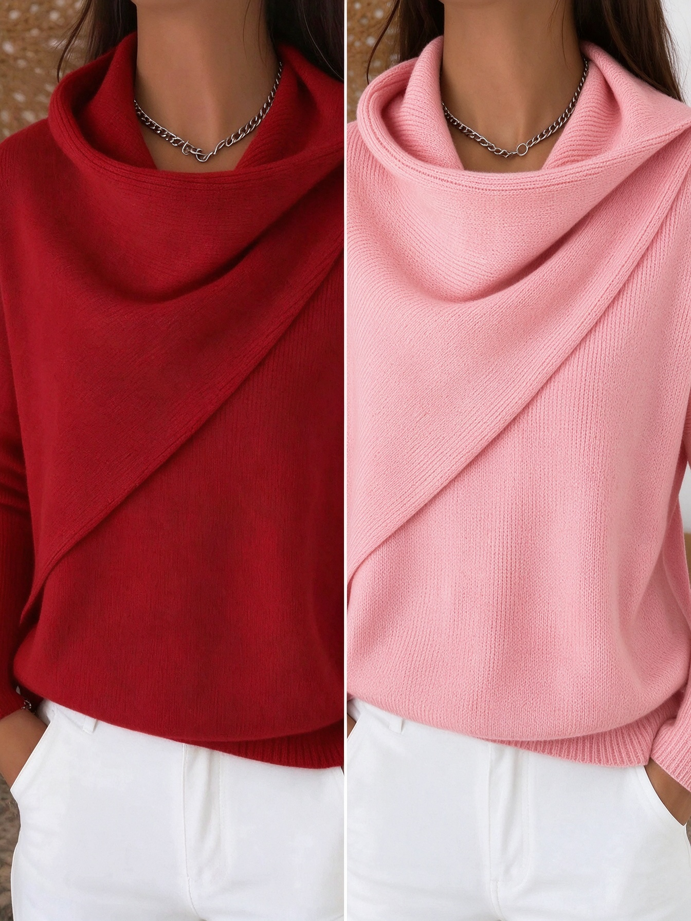 Women Cross Wrap Draped Cowl Neck Knit Pullover, Loose Long Sleeve Sweater