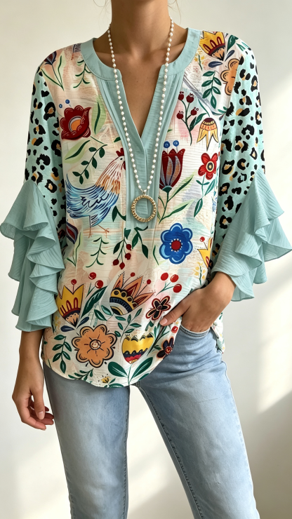 Women Floral Half Sleeve Shirt Summer Printing V Neck Daily Casual Top