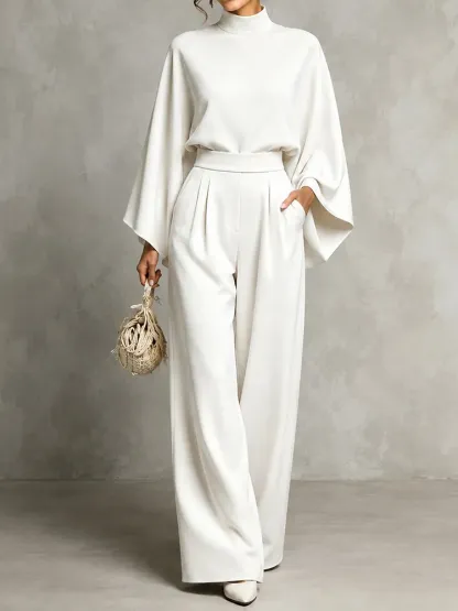 Mererid - Ensemble à Col Montant, Manches Cape & Pantalon Large Taille Haute
