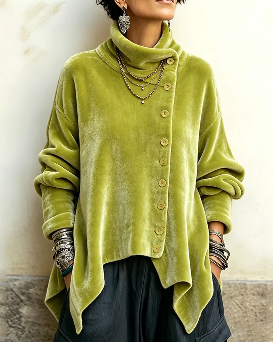 Women's Chic Velvet Asymmetric Button Turtleneck Top