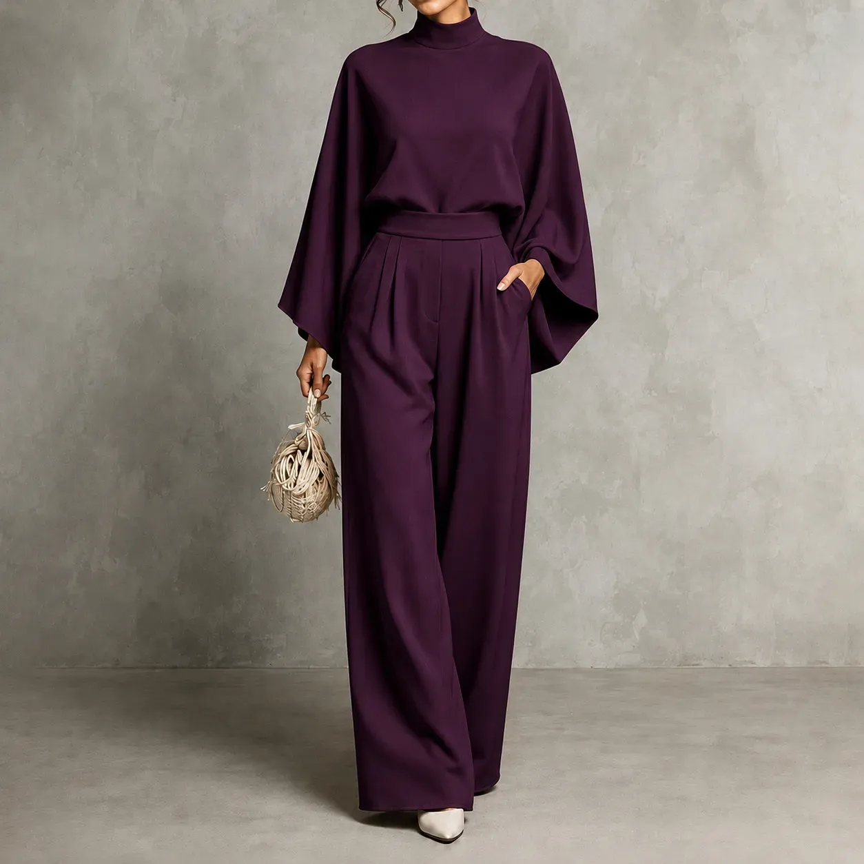 Mererid - Ensemble à Col Montant, Manches Cape & Pantalon Large Taille Haute