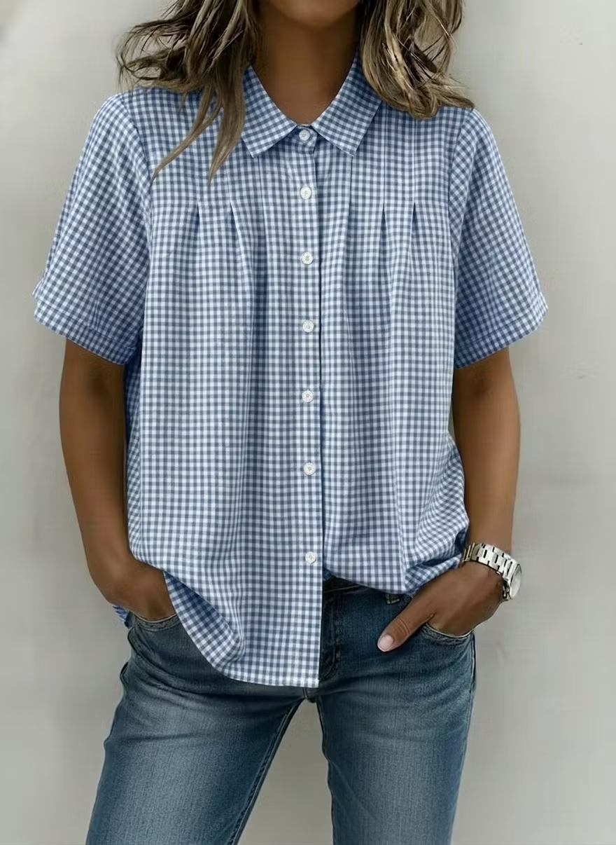 Women's Casual Gingham Checkered Shirt - Relaxed Fit Plaid Blouse