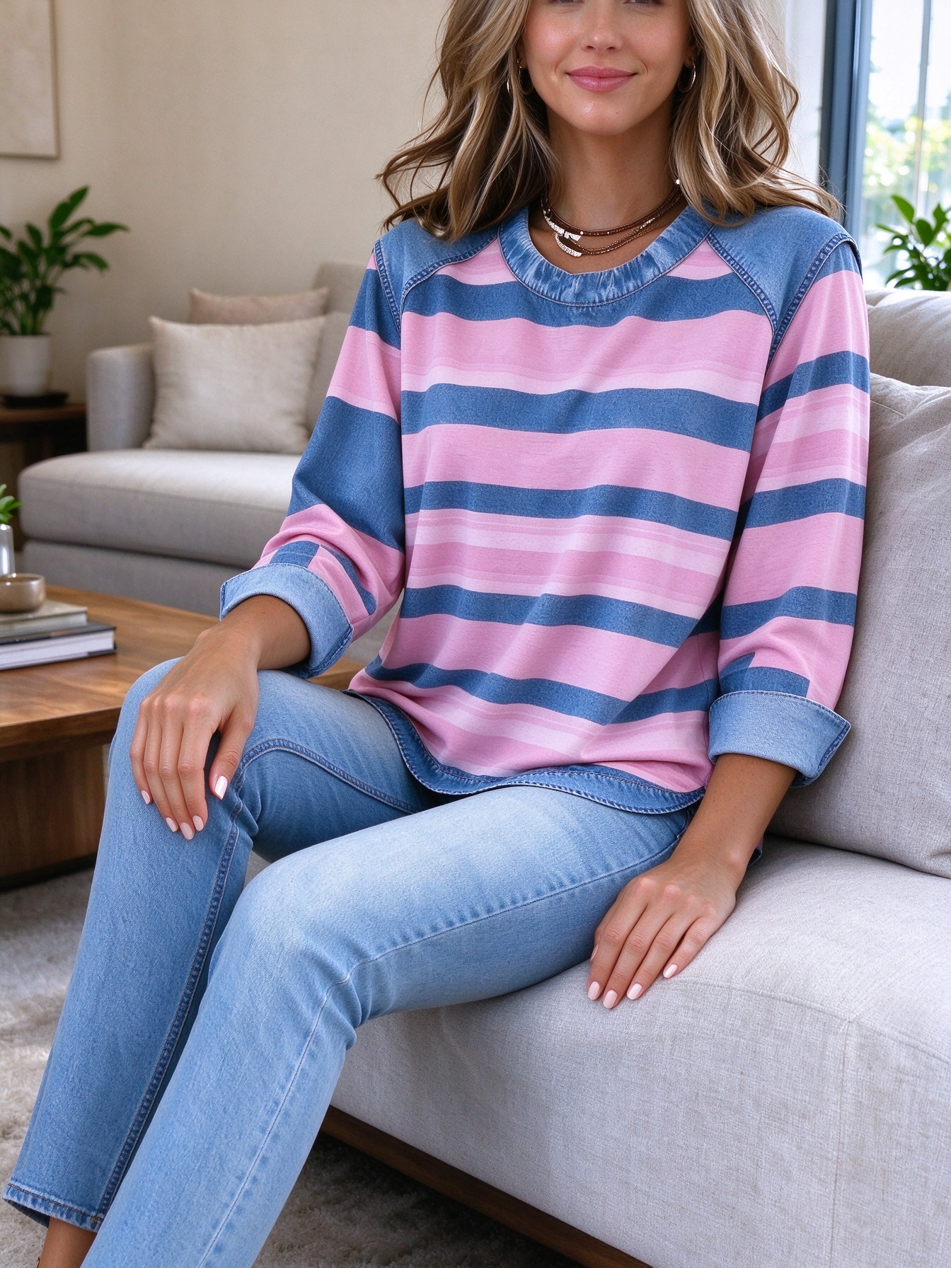 Women's Faux Denim Patchwork Striped Long Sleeve Crew Neck Sweatshirt