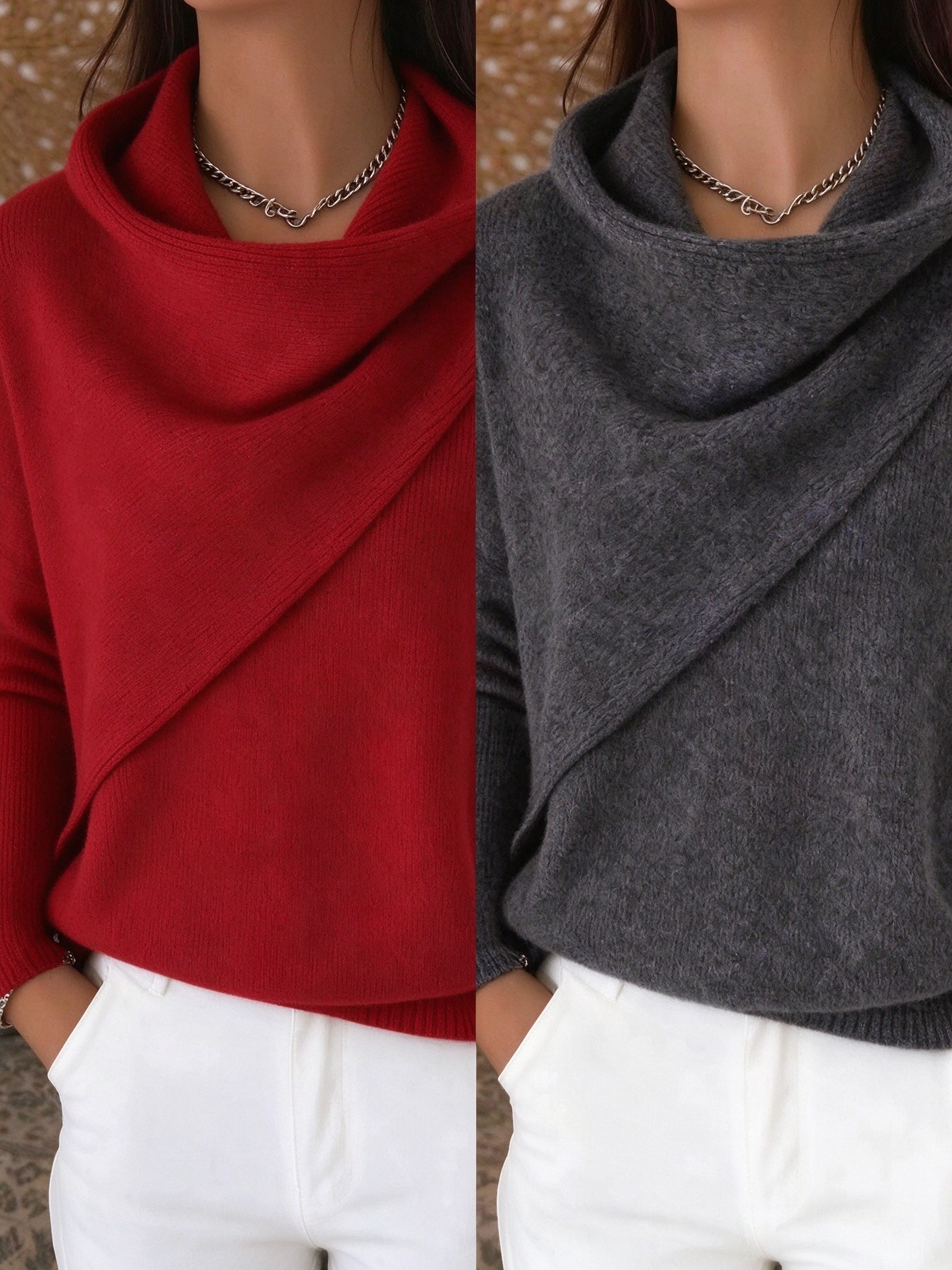 Women Cross Wrap Draped Cowl Neck Knit Pullover, Loose Long Sleeve Sweater