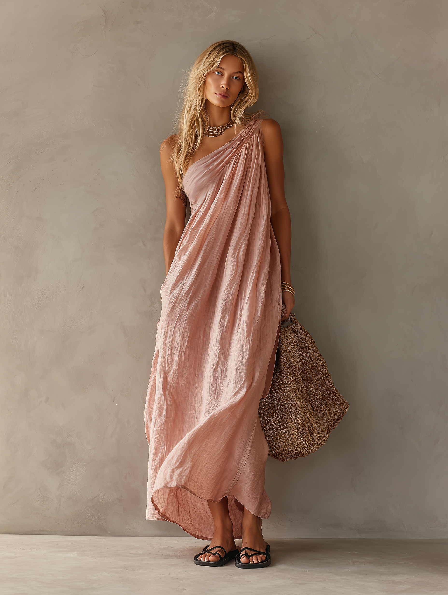 Women's Elegant Pink Cotton-Linen One-Shoulder Sleeveless Maxi Dress