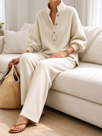 Women's Stand Collar Button Loose Sweatshirt Wide Leg Pants 2 Piece Casual Outfit Set