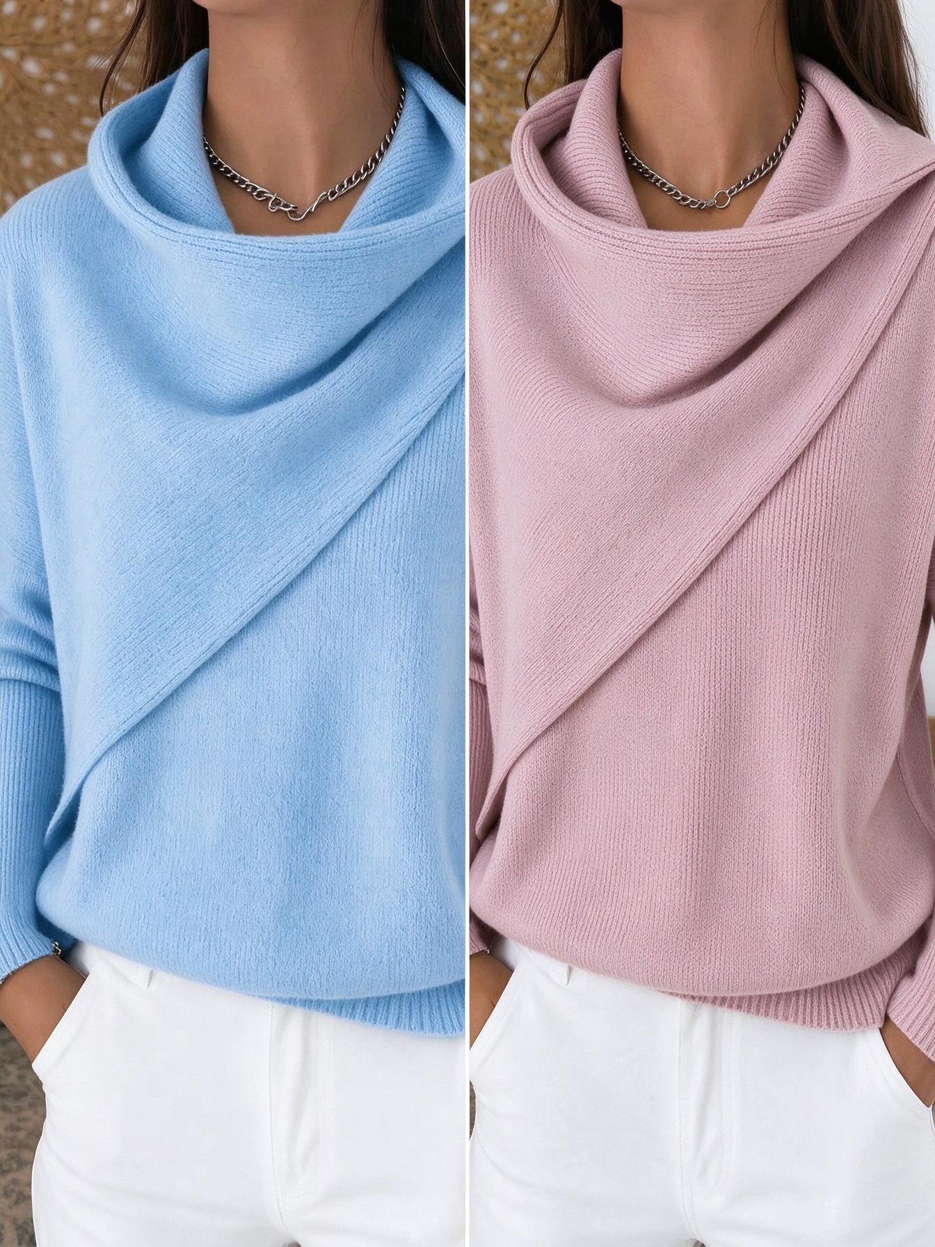 Women Cross Wrap Draped Cowl Neck Knit Pullover, Loose Long Sleeve Sweater