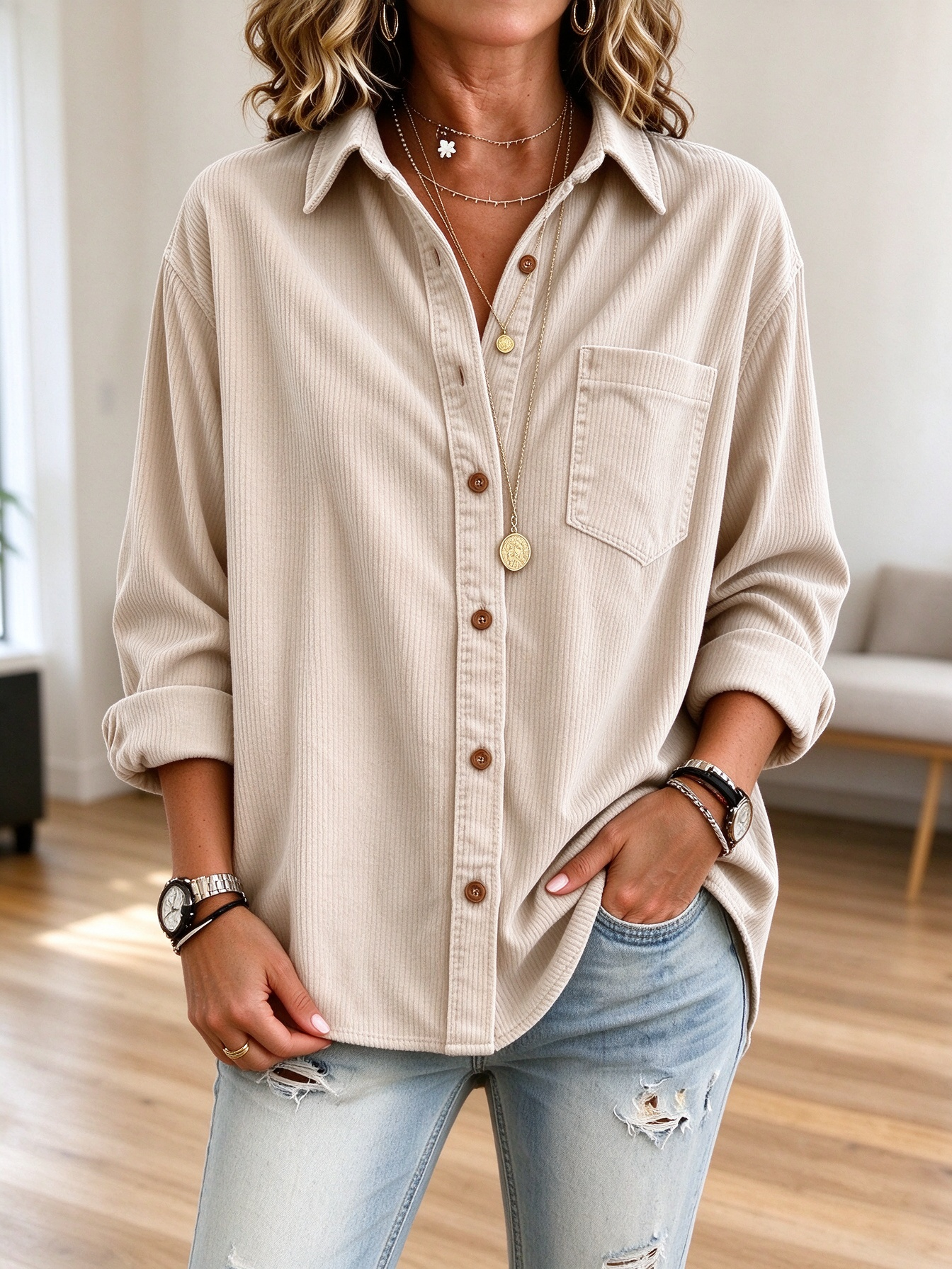 Casual Oversized Corduroy Button Down Shir