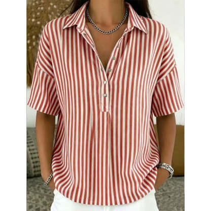 Women's Striped Short-Sleeve Shirt – Relaxed Fit, V Neck, 9 Colors 🍂