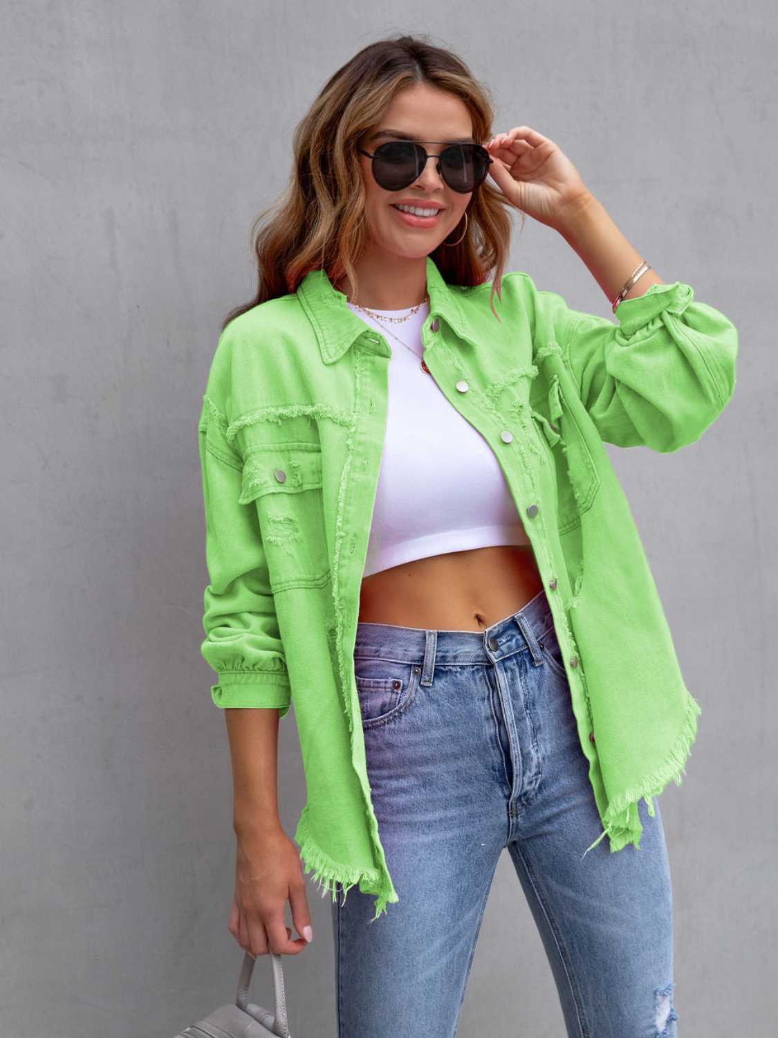Distressed Drop Shoulder Denim Jacket Women – Oversized Casual Jean Jacket