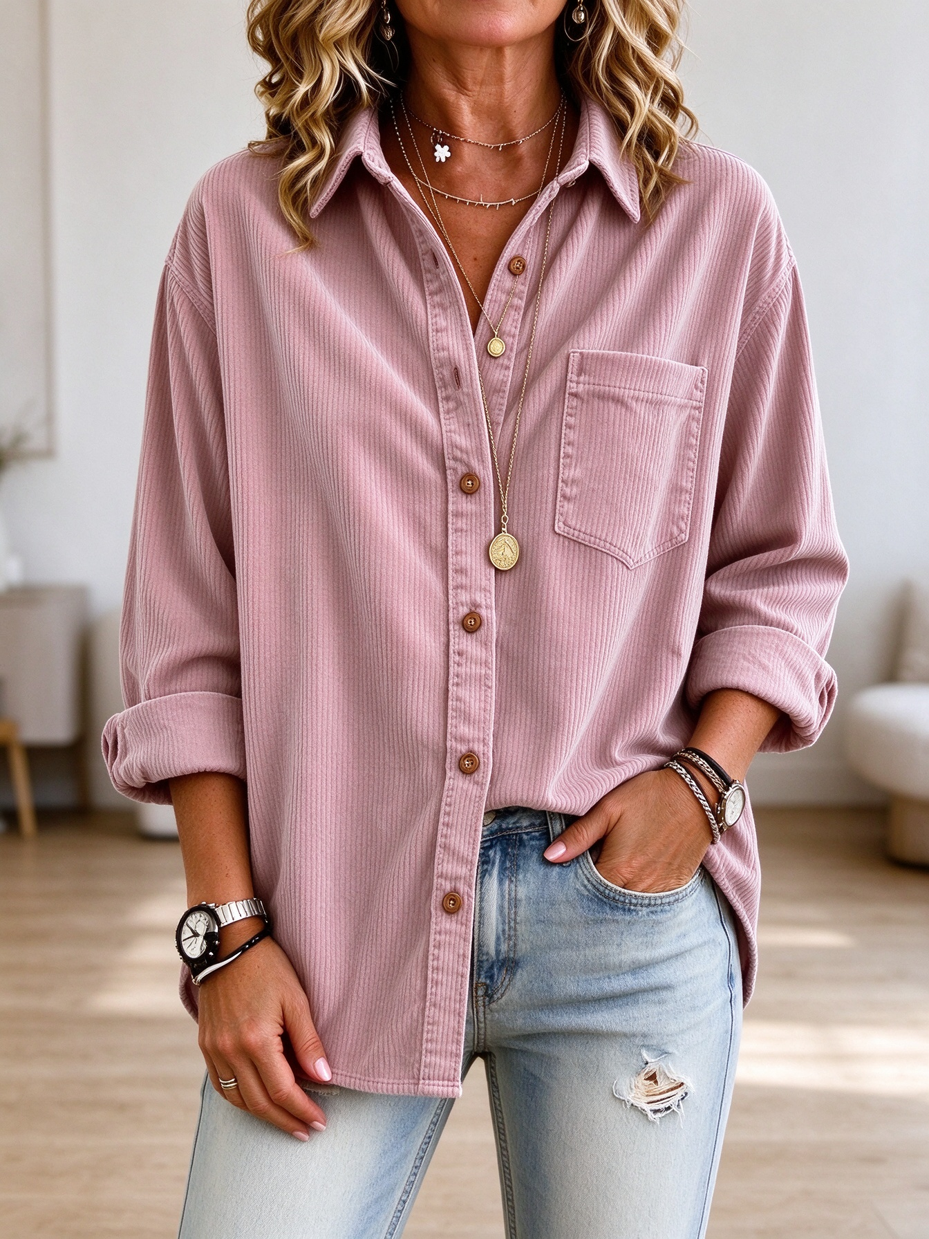 Casual Oversized Corduroy Button Down Shir