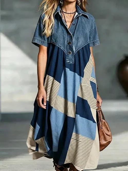 Women’s Denim Spliced Gradient Leopard Print Shirt Midi Dress