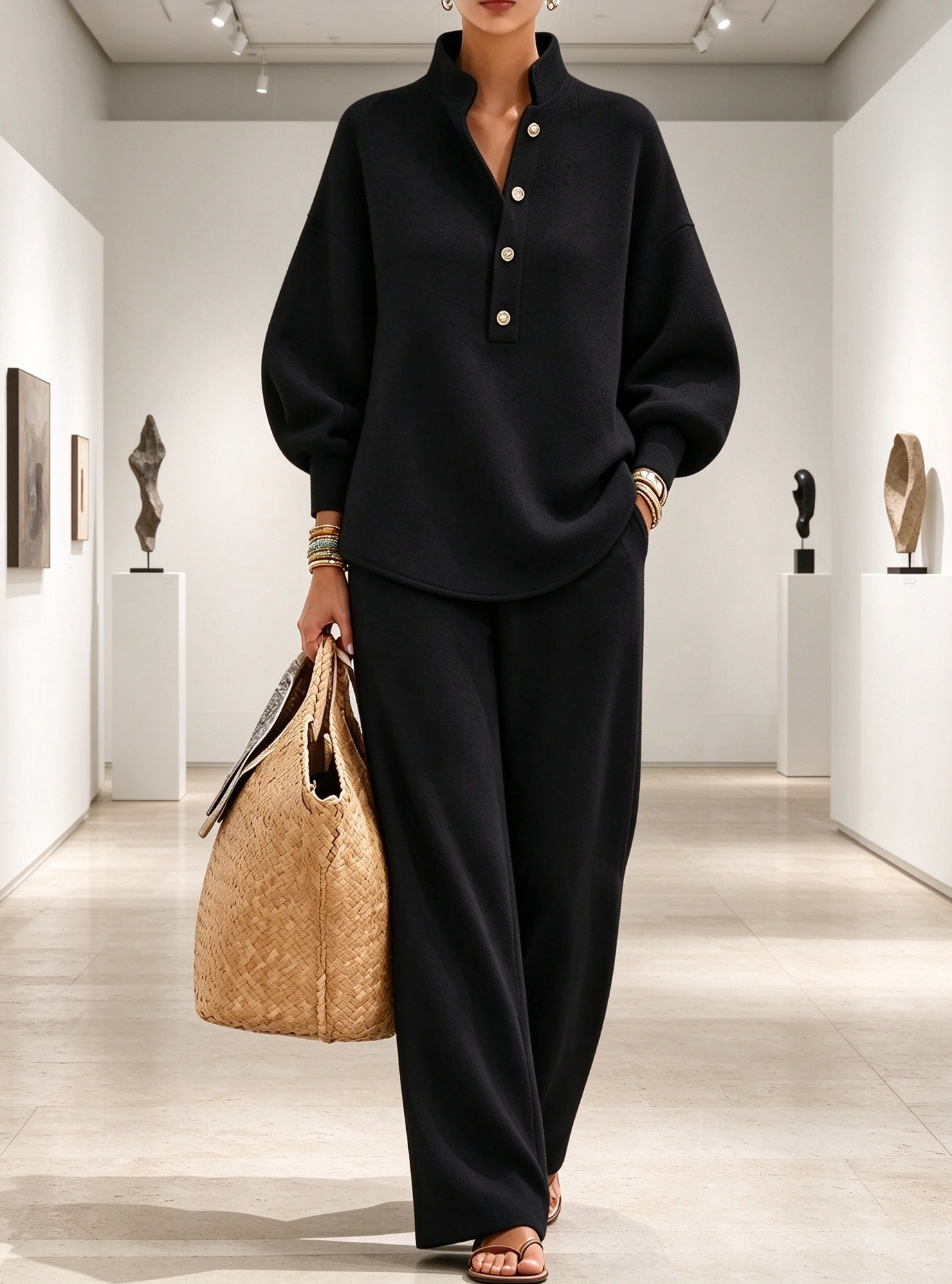 Women's Stand Collar Button Loose Sweatshirt Wide Leg Pants 2 Piece Casual Outfit Set