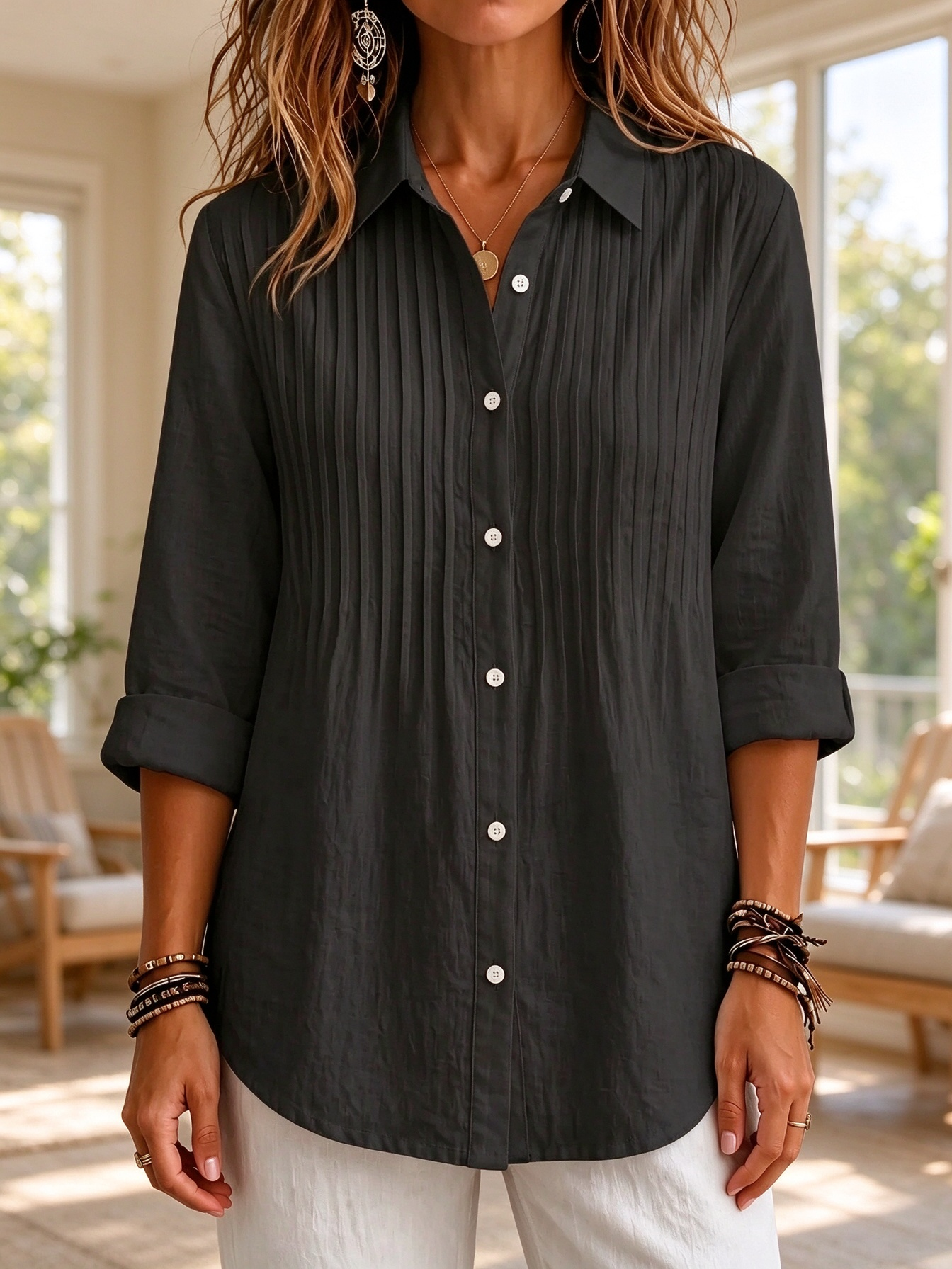 New Arrival 🔥 Women's Solid-color Casual Pleated Cotton-linen Shirt