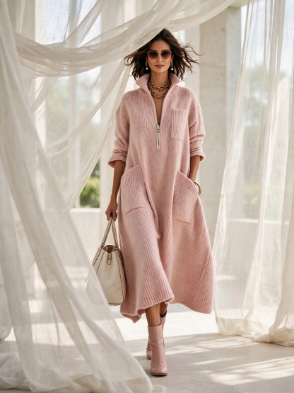 Women's Quarter-Zip Knit Maxi Dress with Pockets