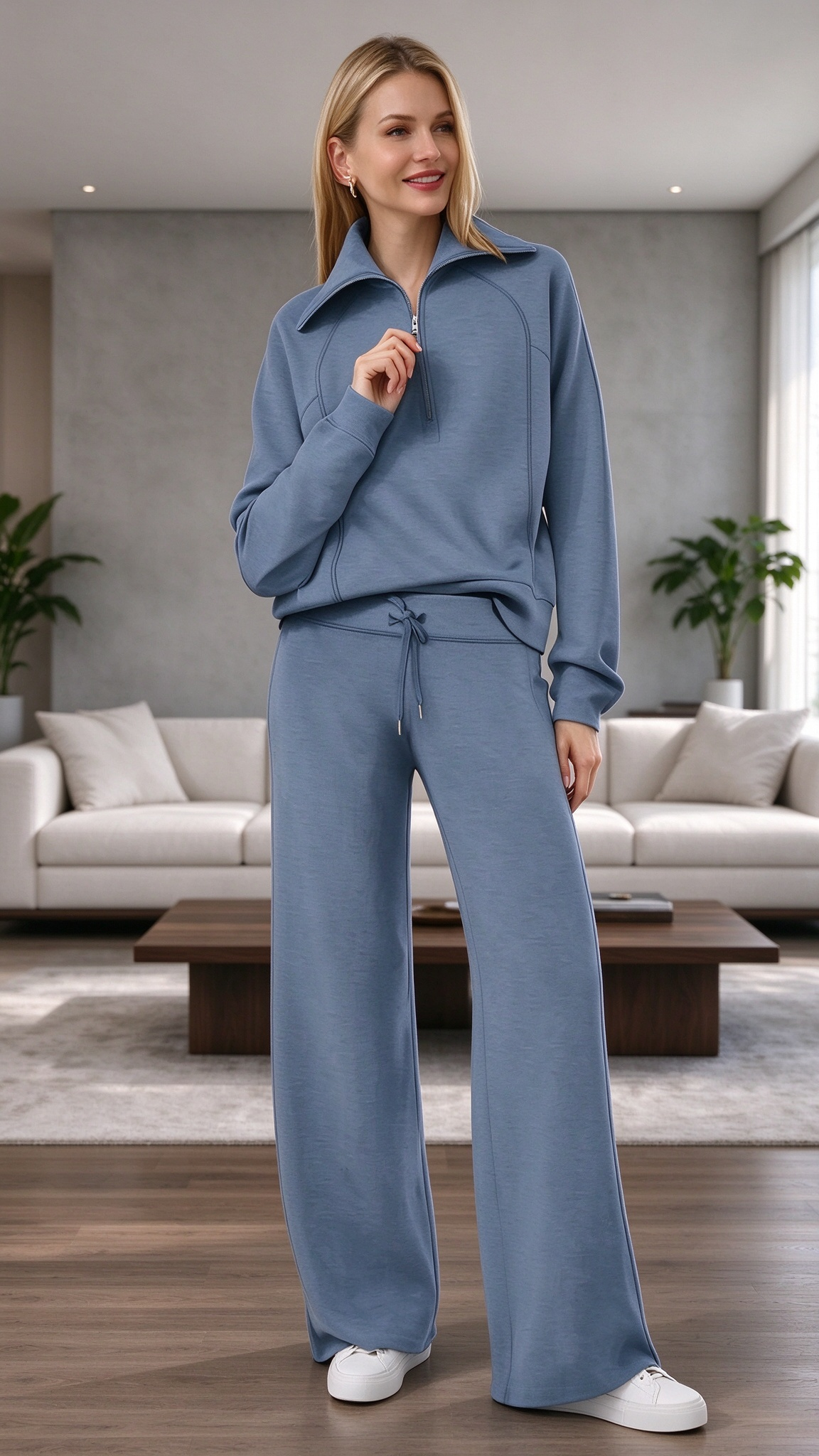 Women’s Soft Ribbed Two-Piece Lounge Set – Relaxed Long-Sleeve Top & Matching Pants