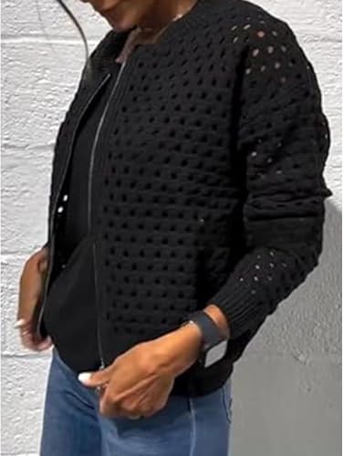 Women’s Casual Hollow Knitwear Zipper Jacket, Crochet Fishnet Knit Shrugs Sweater Jacket Lightweight Cardigans Sweater