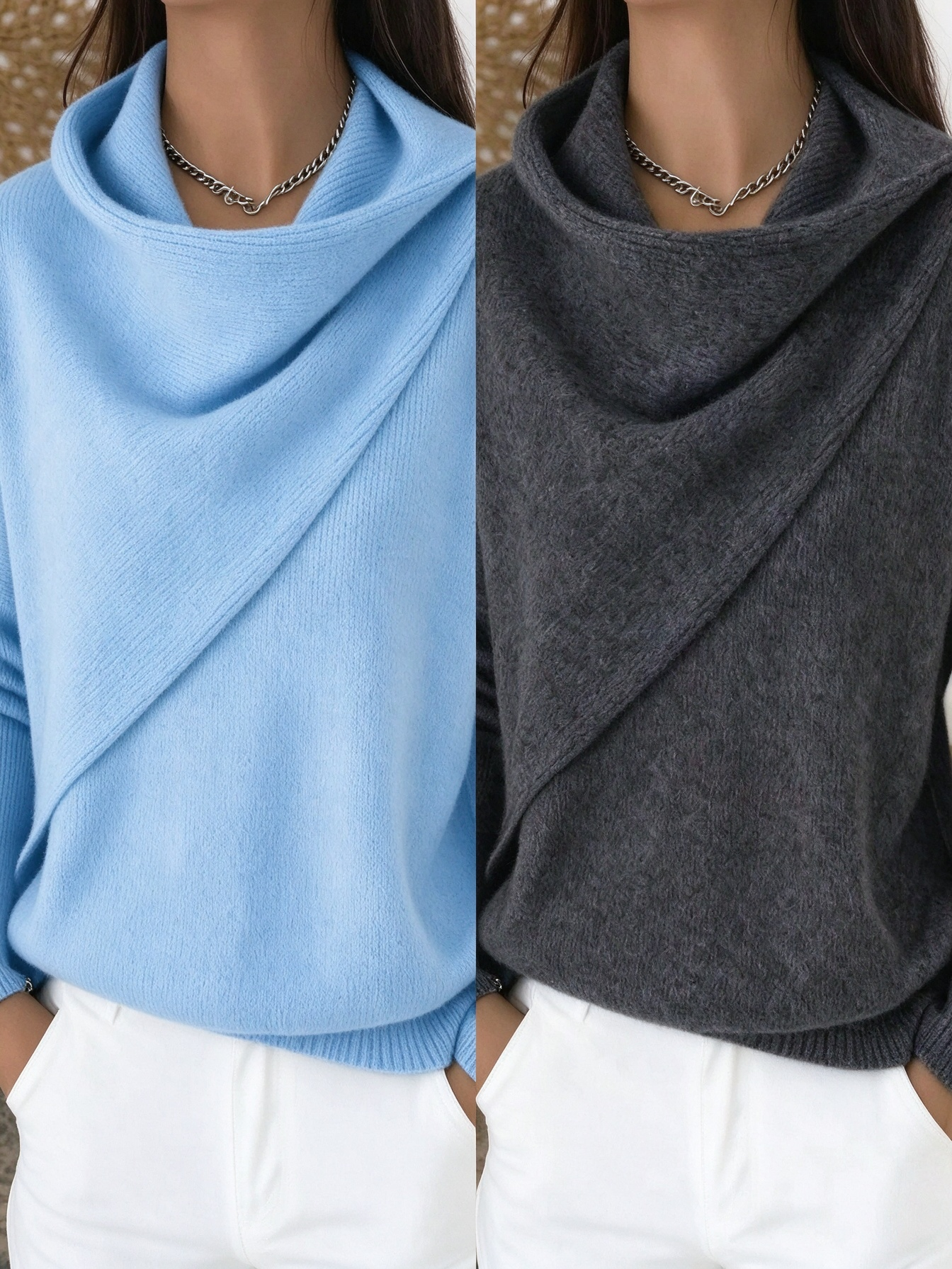 Women Cross Wrap Draped Cowl Neck Knit Pullover, Loose Long Sleeve Sweater