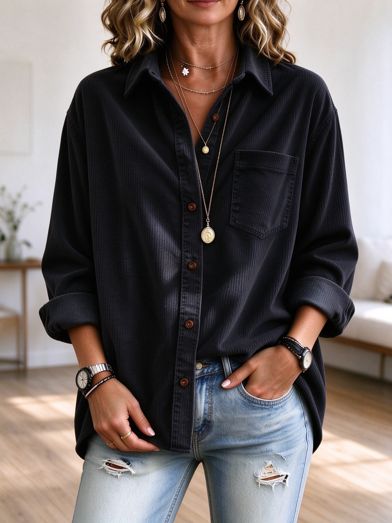 Casual Oversized Corduroy Button Down Shir