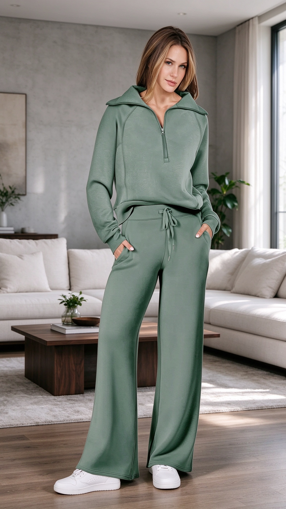 Women’s Soft Ribbed Two-Piece Lounge Set – Relaxed Long-Sleeve Top & Matching Pants