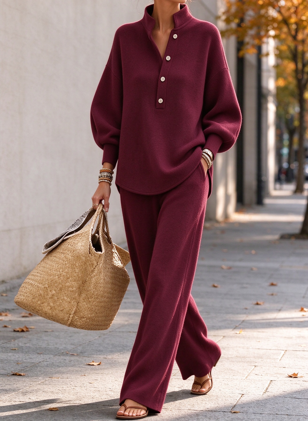 Women's Stand Collar Button Loose Sweatshirt Wide Leg Pants 2 Piece Casual Outfit Set