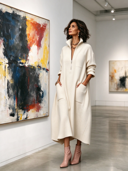 Women's Quarter-Zip Knit Maxi Dress with Pockets
