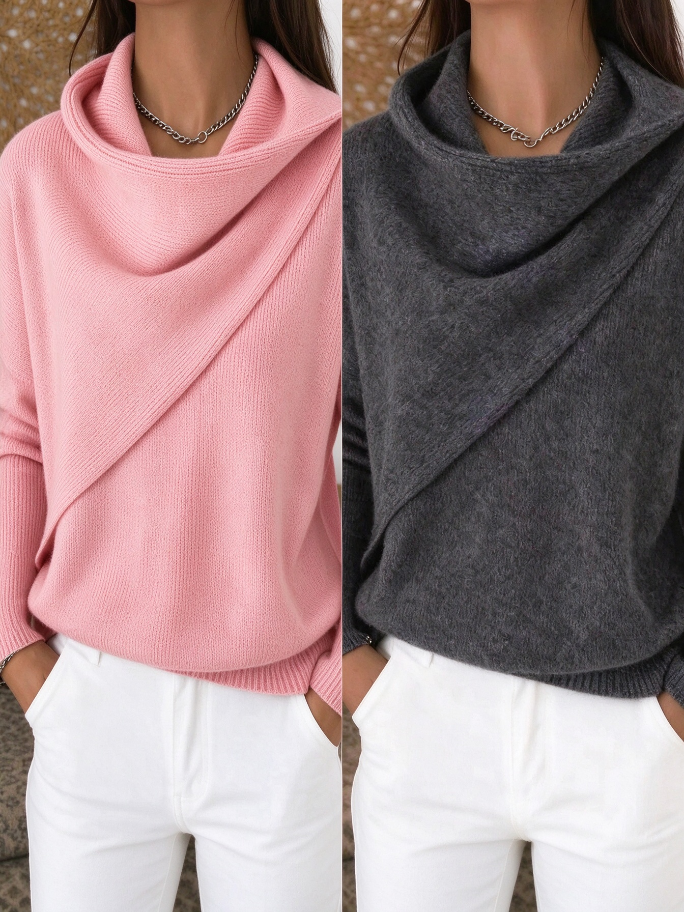 Women Cross Wrap Draped Cowl Neck Knit Pullover, Loose Long Sleeve Sweater