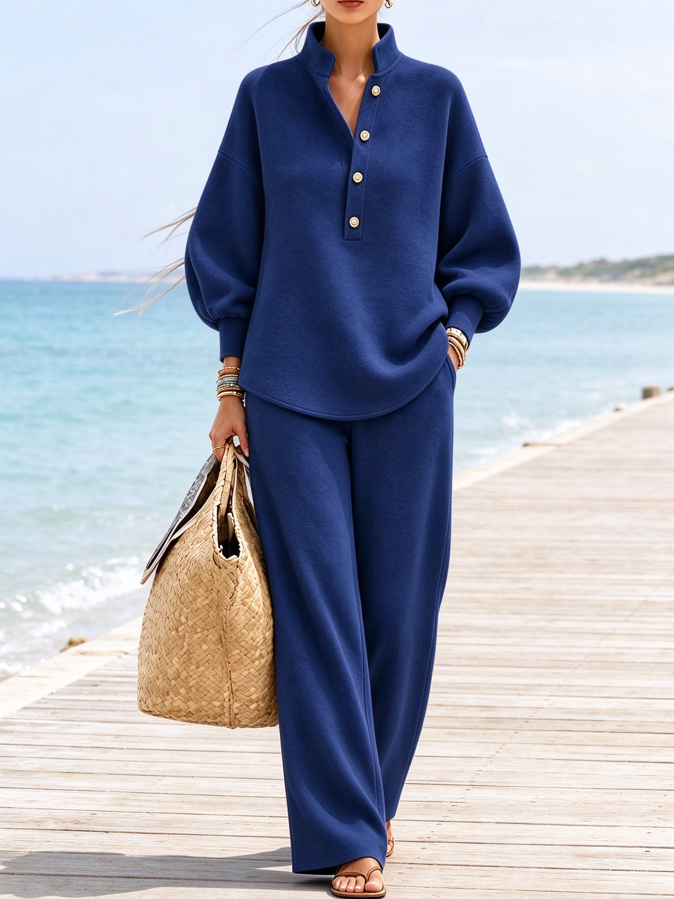 Women's Stand Collar Button Loose Sweatshirt Wide Leg Pants 2 Piece Casual Outfit Set