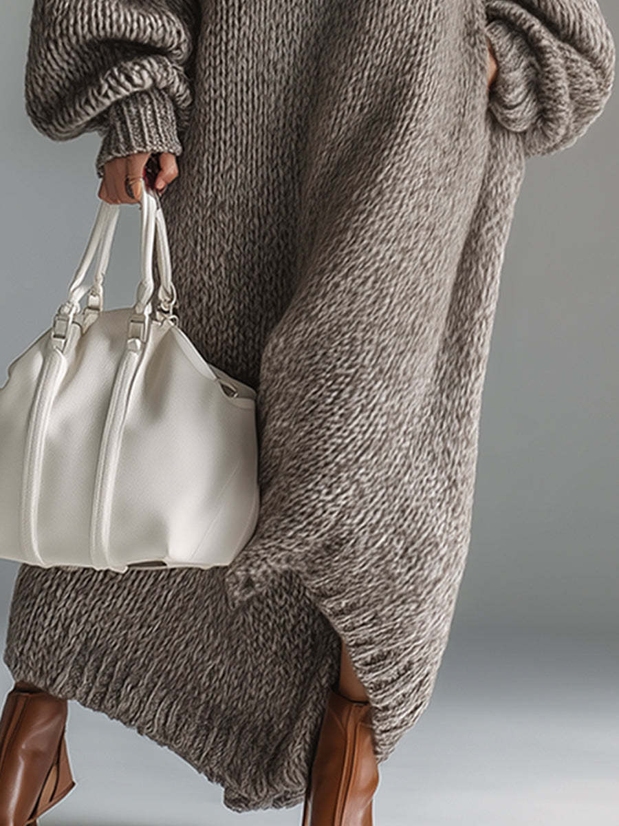 Elegant Urban Silhouette Round Neck Heathered Khaki Knitted Maxi Dress