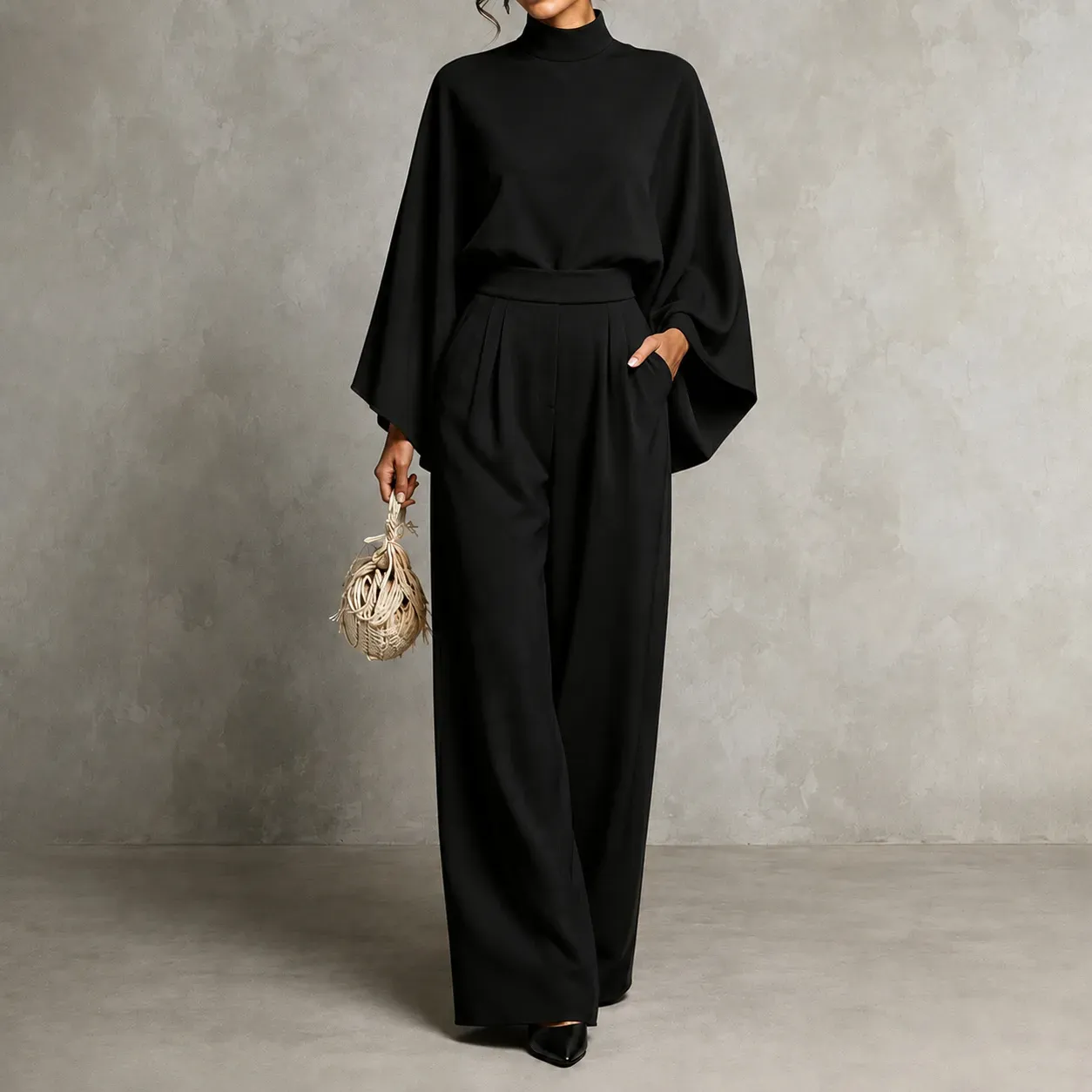 Mererid - Ensemble à Col Montant, Manches Cape & Pantalon Large Taille Haute