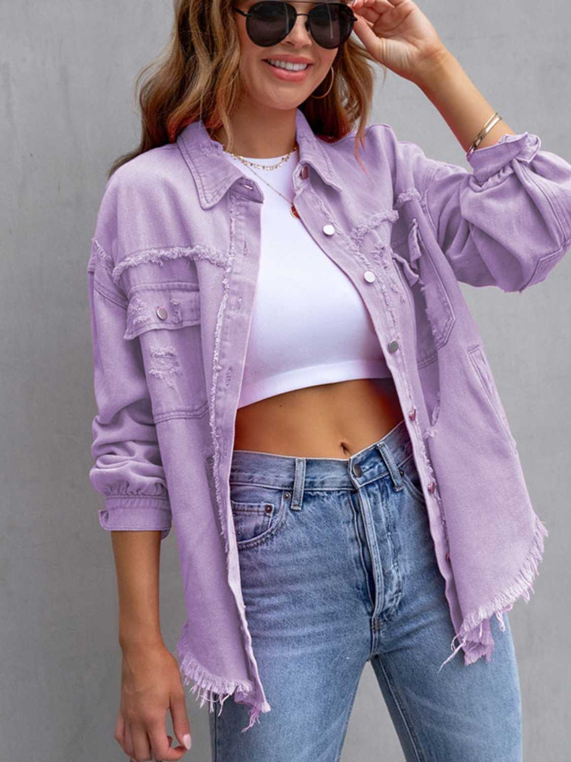 Distressed Drop Shoulder Denim Jacket Women – Oversized Casual Jean Jacket