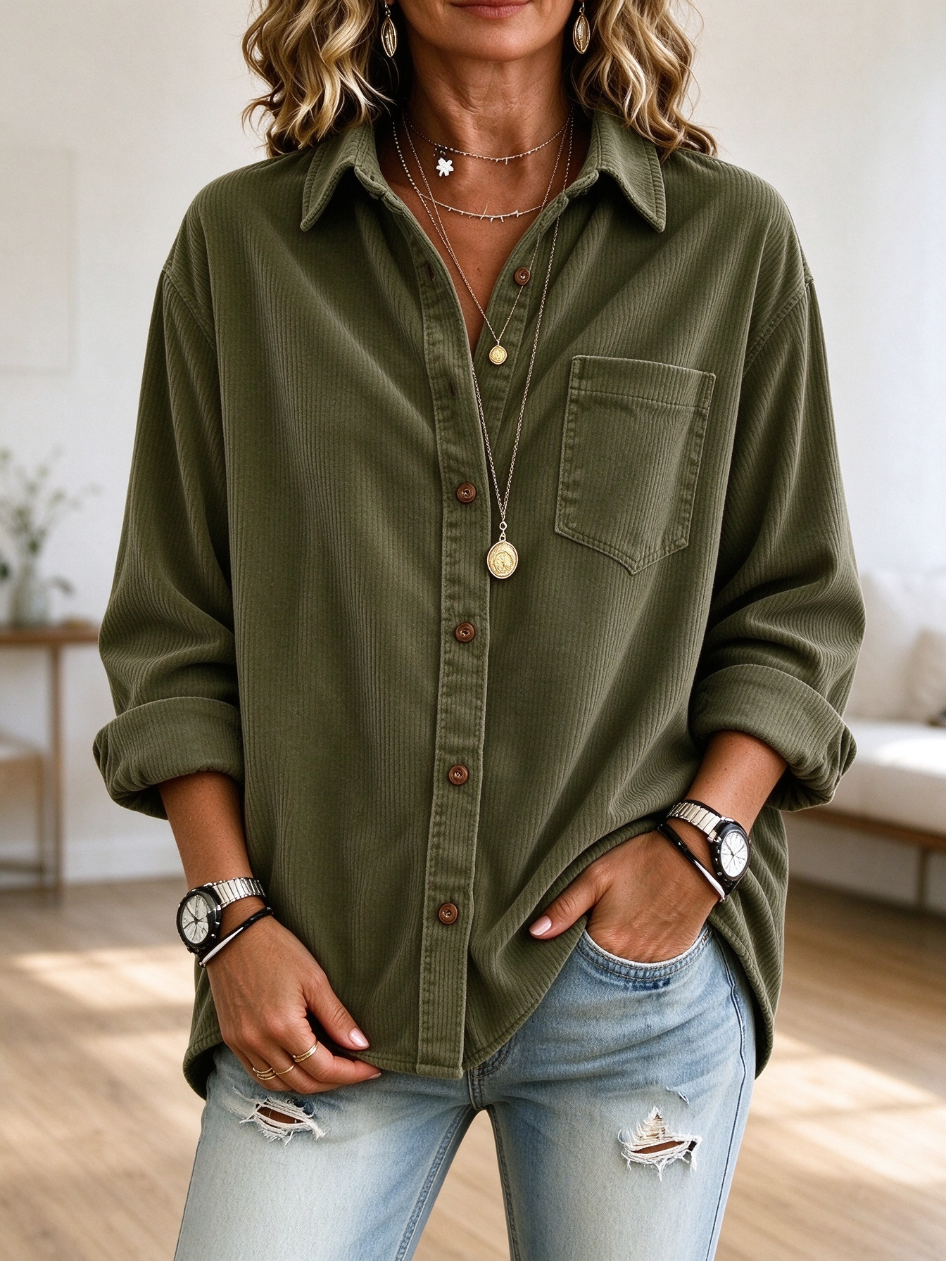 Casual Oversized Corduroy Button Down Shir