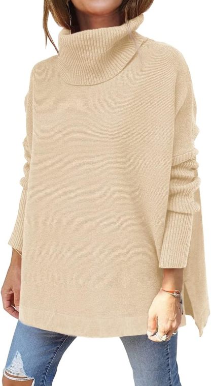 Women's Turtleneck Oversized Sweaters Long Batwing Sleeve Spilt Hem Tunic Pullover Knit Tops