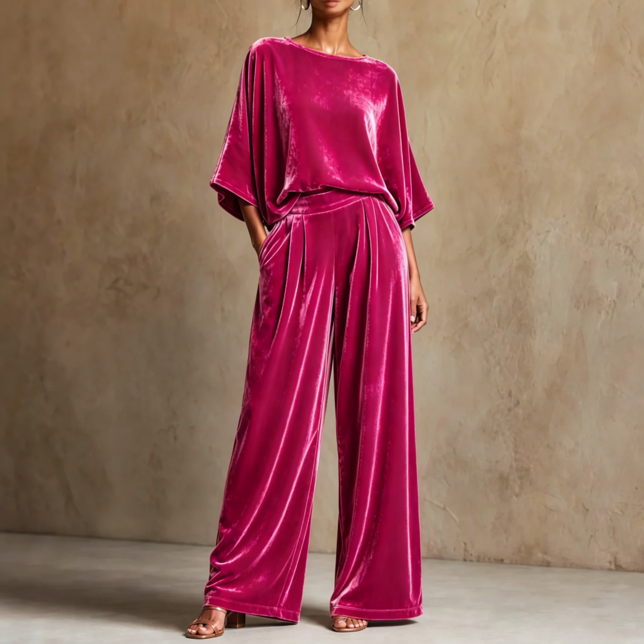 Half-Sleeve Top And Wide-Leg Pants Set