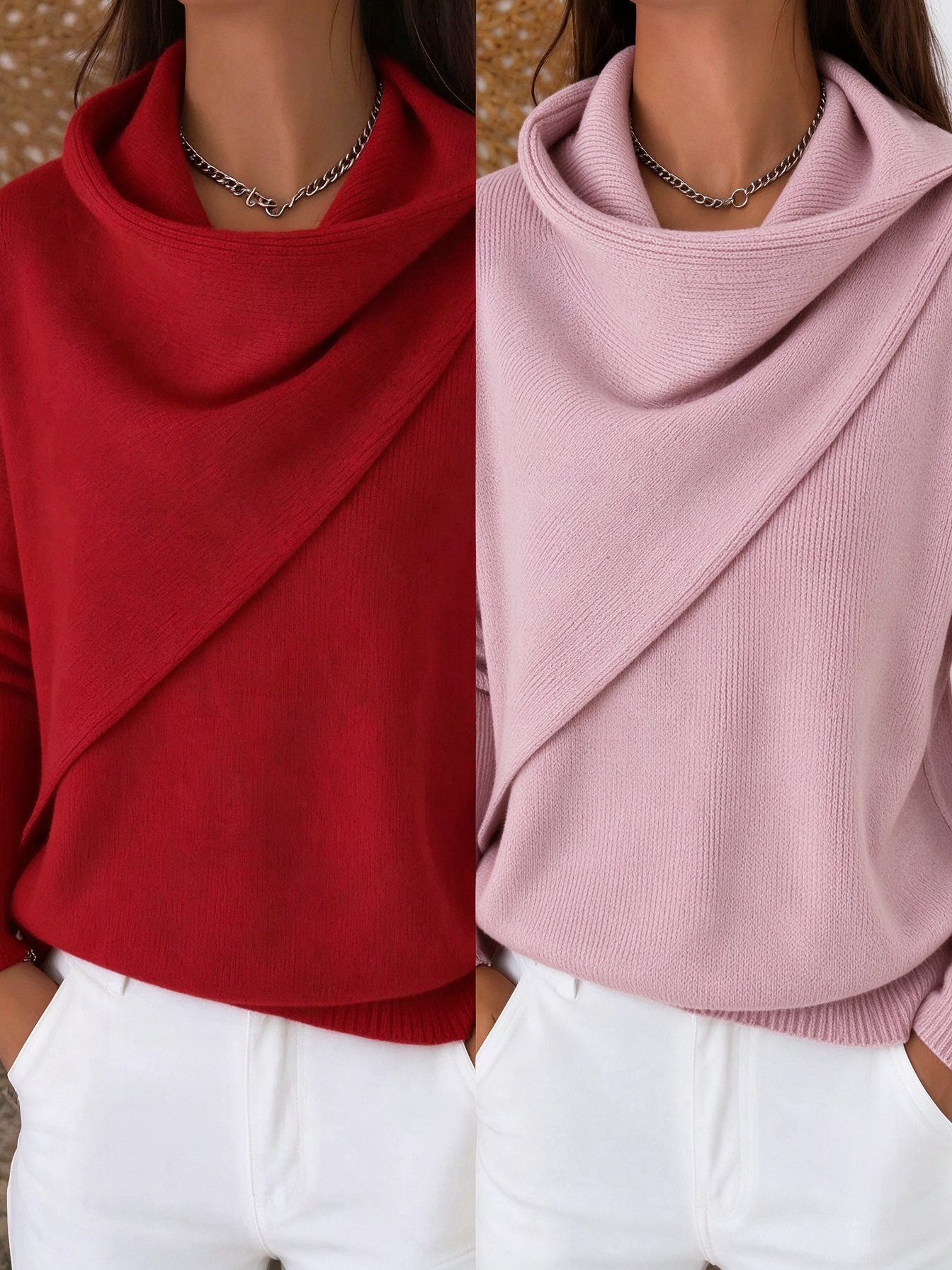 Women Cross Wrap Draped Cowl Neck Knit Pullover, Loose Long Sleeve Sweater