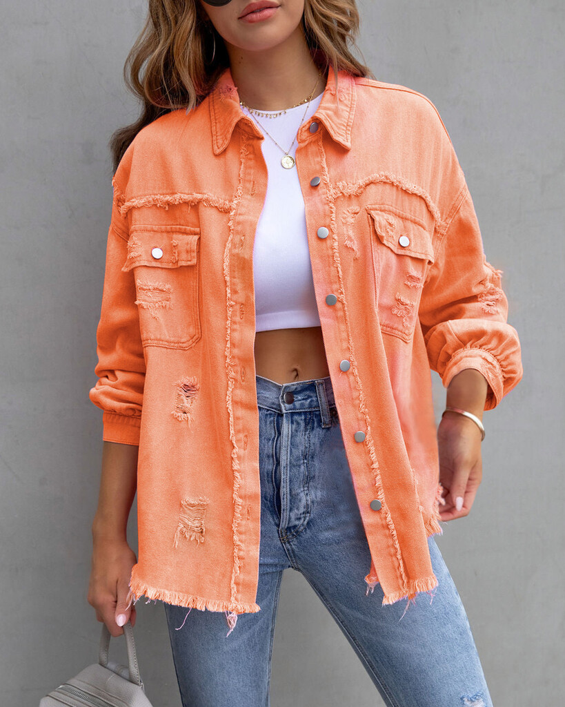 Distressed Drop Shoulder Denim Jacket Women – Oversized Casual Jean Jacket