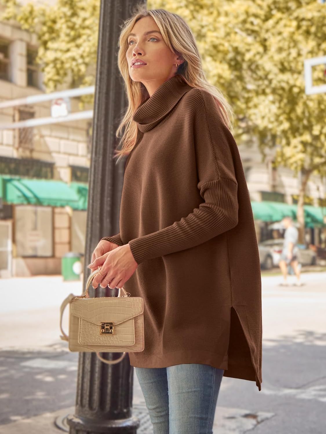 Women's Turtleneck Oversized Sweaters Long Batwing Sleeve Spilt Hem Tunic Pullover Knit Tops