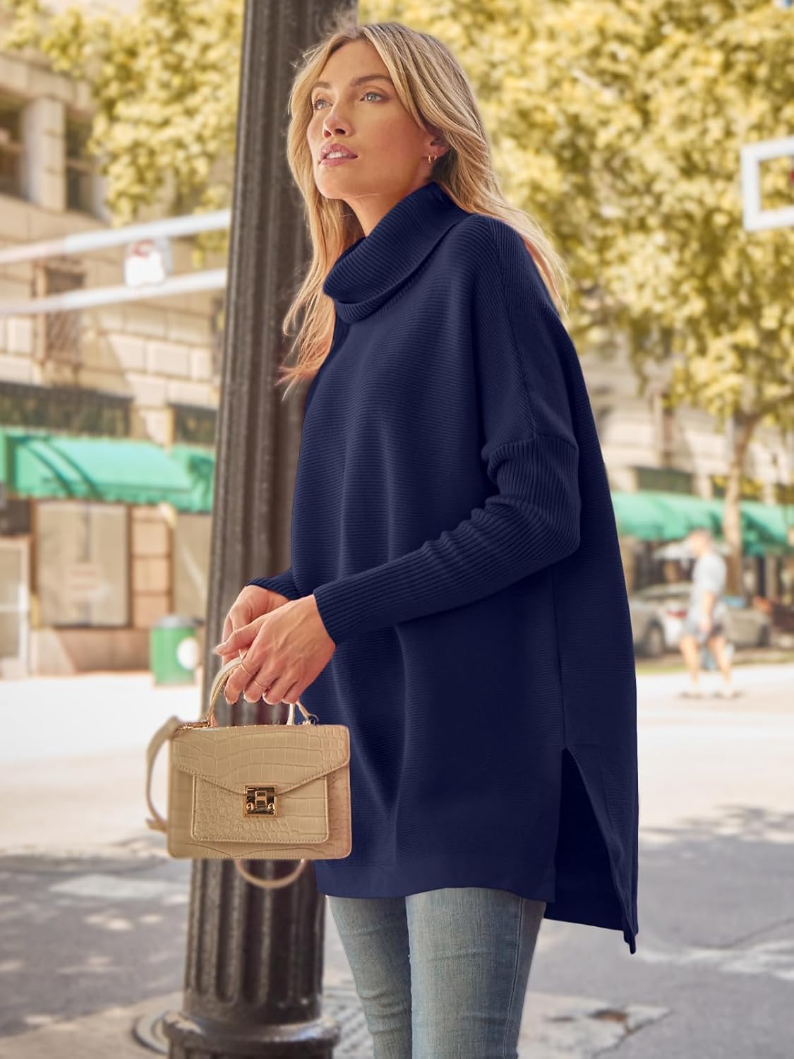 Women's Turtleneck Oversized Sweaters Long Batwing Sleeve Spilt Hem Tunic Pullover Knit Tops