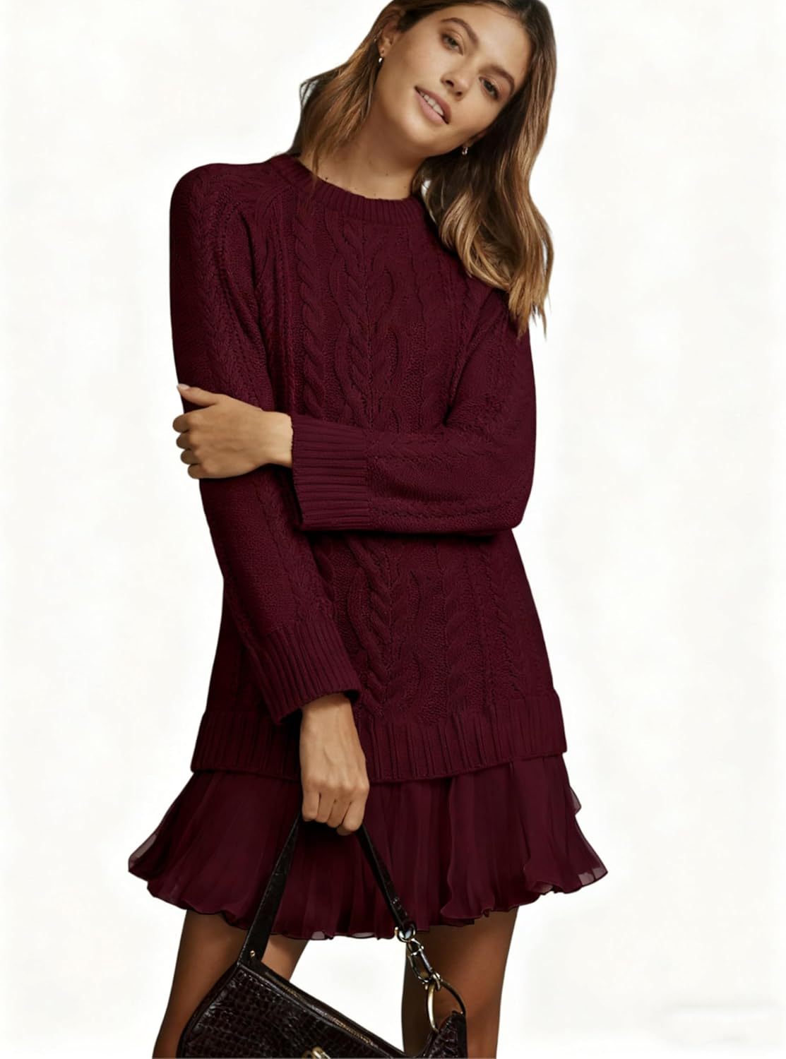 Women Cable Knit Sweater Dress Crewneck Long Sleeve Pleated Mini Dress Twofer Style Patchwork Dress