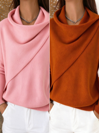 Women Cross Wrap Draped Cowl Neck Knit Pullover, Loose Long Sleeve Sweater