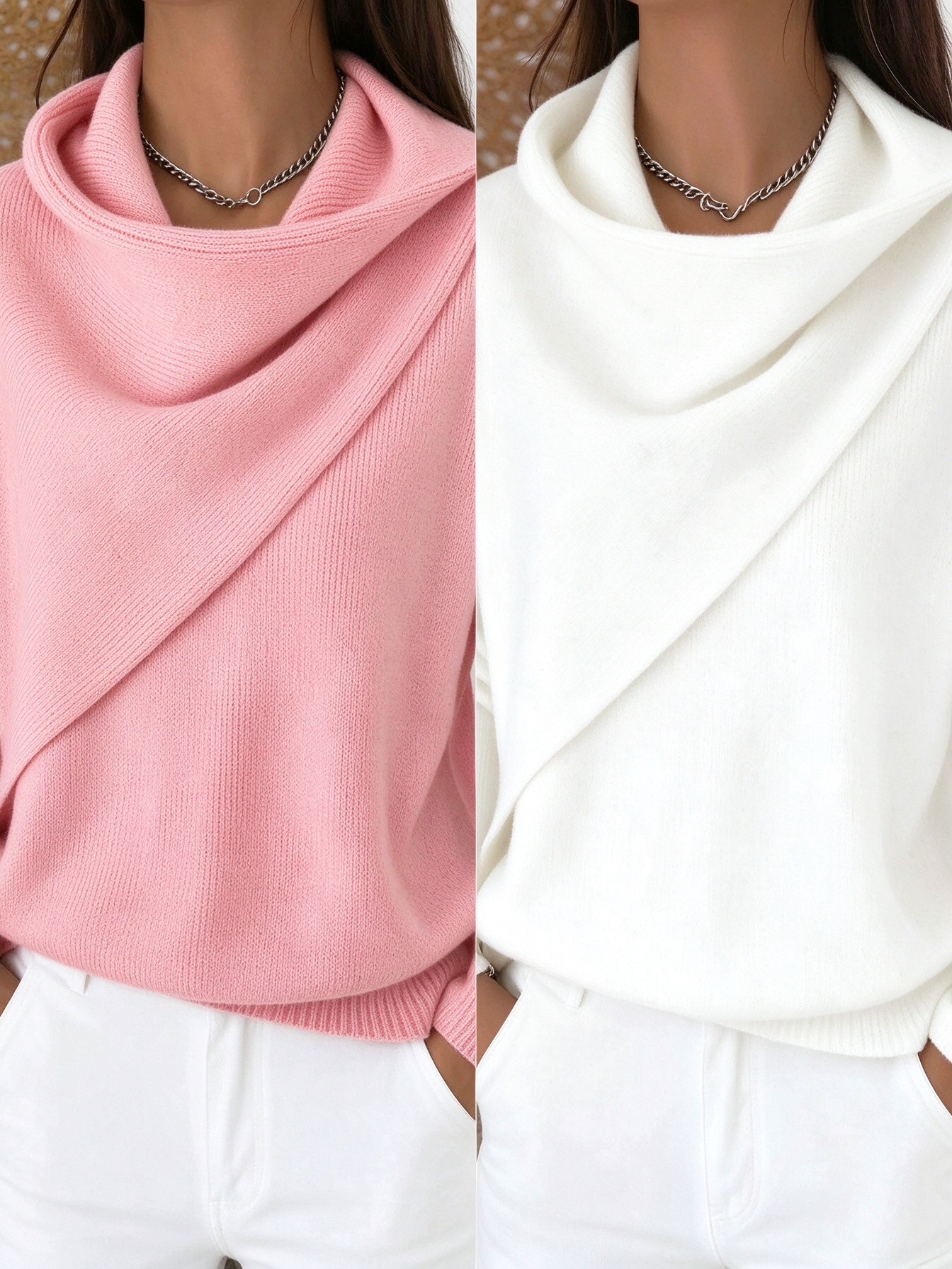 Women Cross Wrap Draped Cowl Neck Knit Pullover, Loose Long Sleeve Sweater
