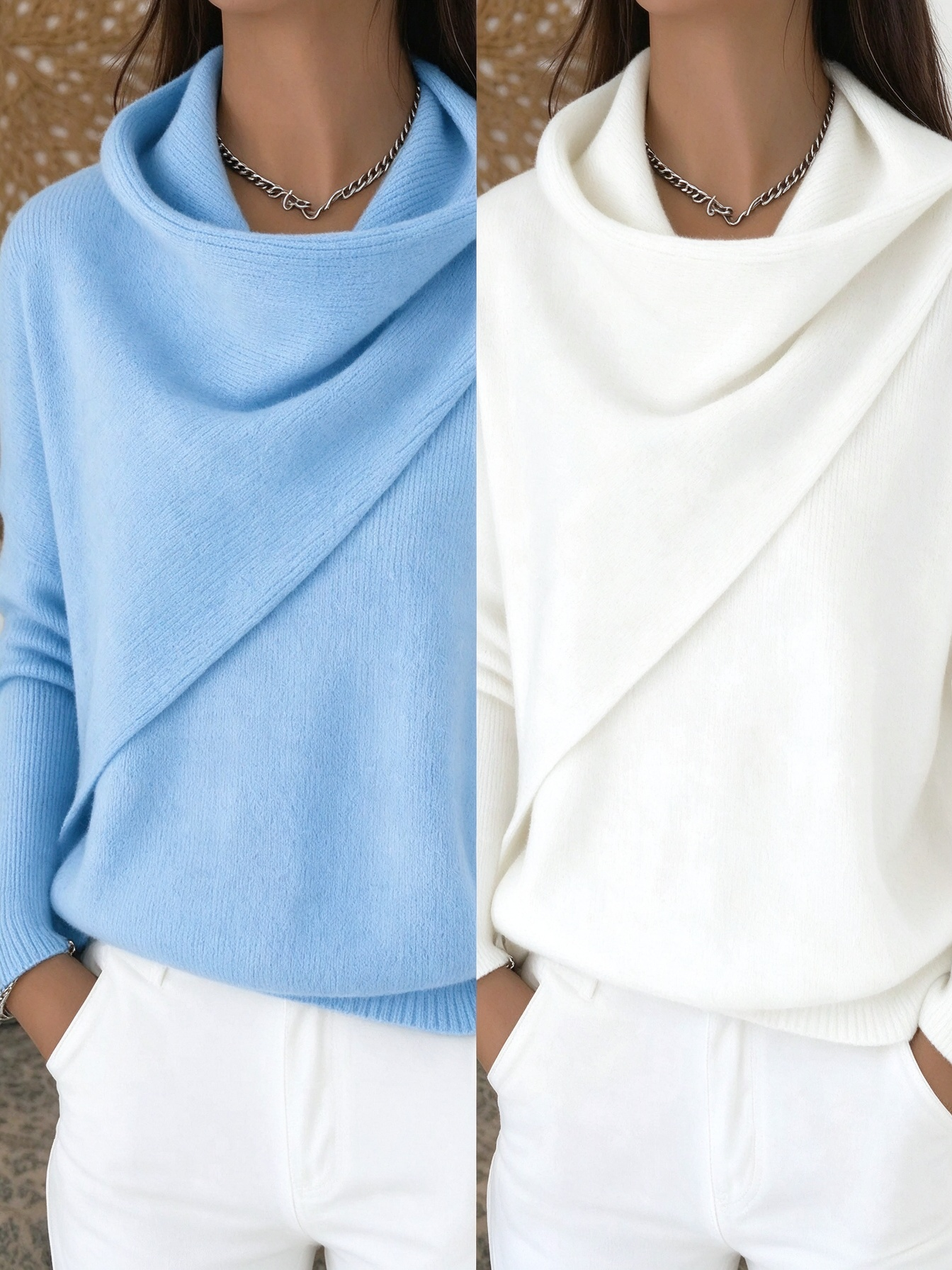 Women Cross Wrap Draped Cowl Neck Knit Pullover, Loose Long Sleeve Sweater