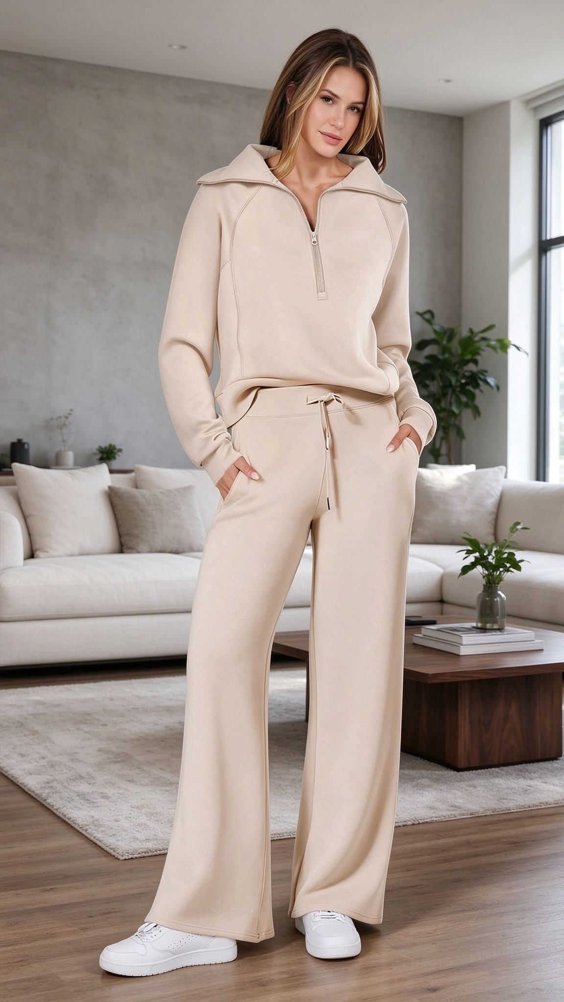 Women’s Soft Ribbed Two-Piece Lounge Set – Relaxed Long-Sleeve Top & Matching Pants