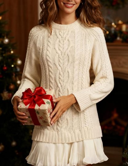 Women Cable Knit Sweater Dress Crewneck Long Sleeve Pleated Mini Dress Twofer Style Patchwork Dress