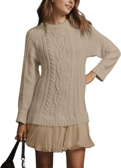 Women Cable Knit Sweater Dress Crewneck Long Sleeve Pleated Mini Dress Twofer Style Patchwork Dress