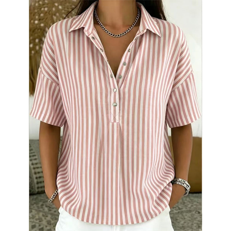Women's Striped Short-Sleeve Shirt – Relaxed Fit, V Neck, 9 Colors 🍂