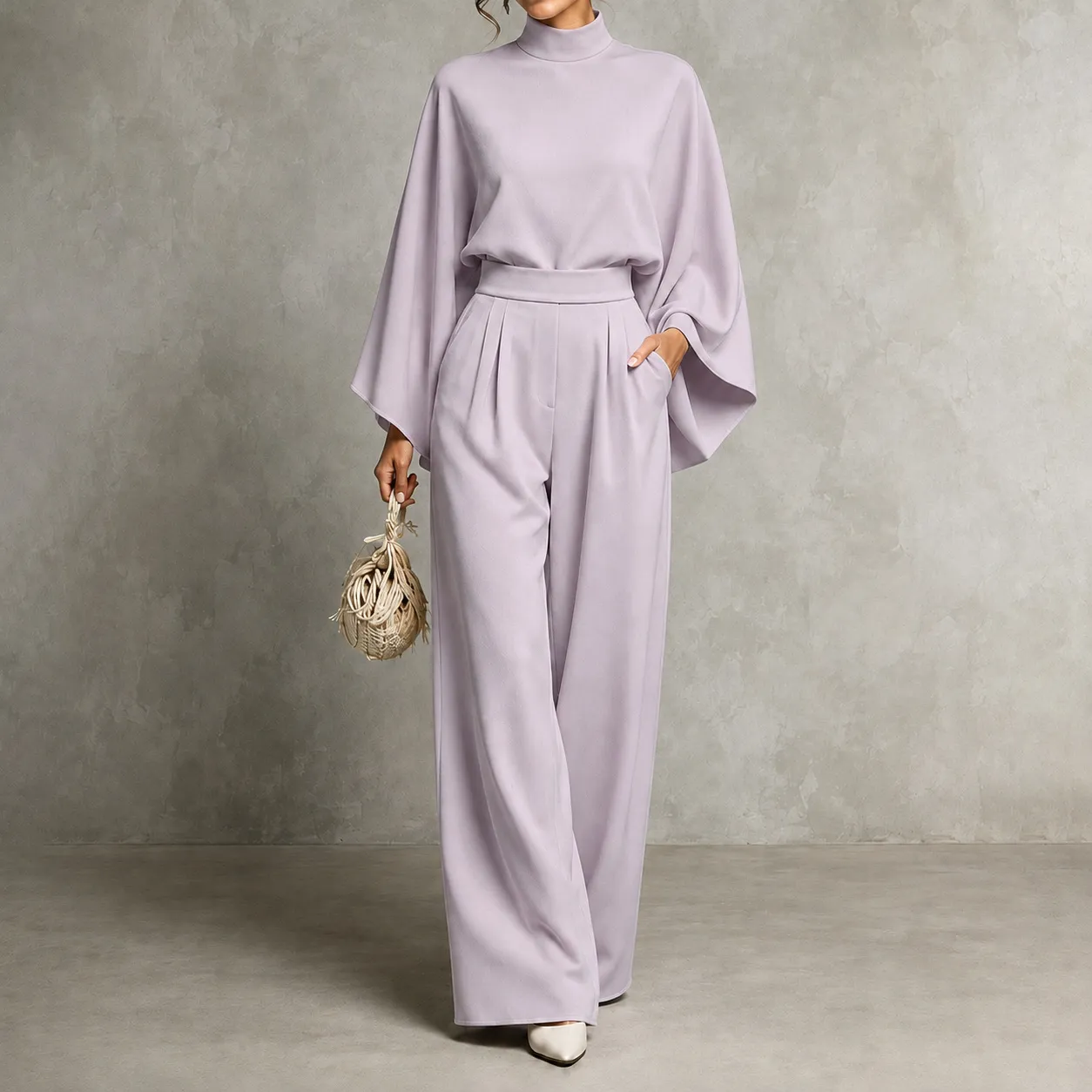 Mererid - Ensemble à Col Montant, Manches Cape & Pantalon Large Taille Haute