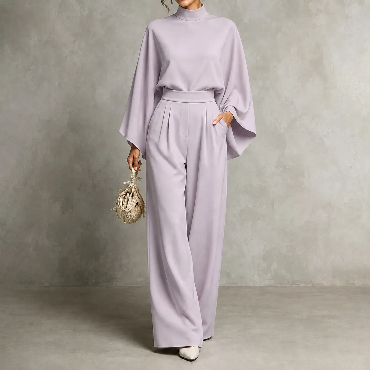 Mererid - Ensemble à Col Montant, Manches Cape & Pantalon Large Taille Haute