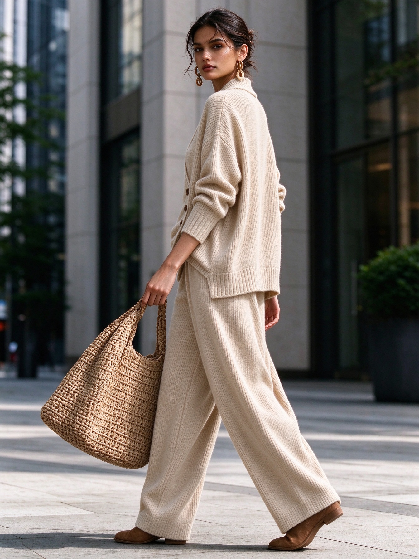 Women's Wrap V-Neck Knit Top & Wide Leg Pants Two Piece Loungewear Set