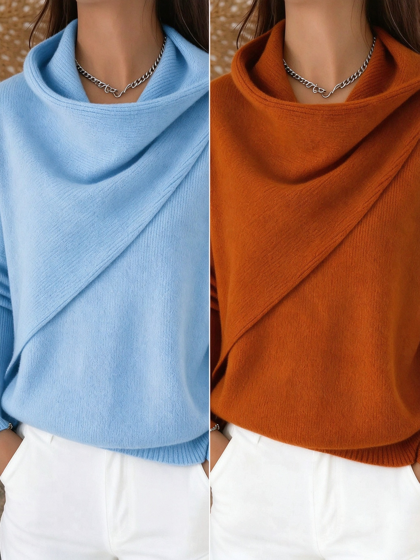 Women Cross Wrap Draped Cowl Neck Knit Pullover, Loose Long Sleeve Sweater